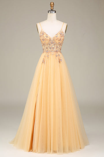 Encantador A Line Spaghetti Trapes Vestido Largo Dorado De Fiesta Con Abalorios